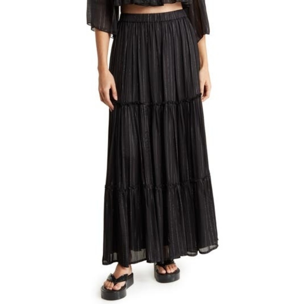 NSR Sheri Tiered Midi Skirt black metallic silver size medium NEW NWT